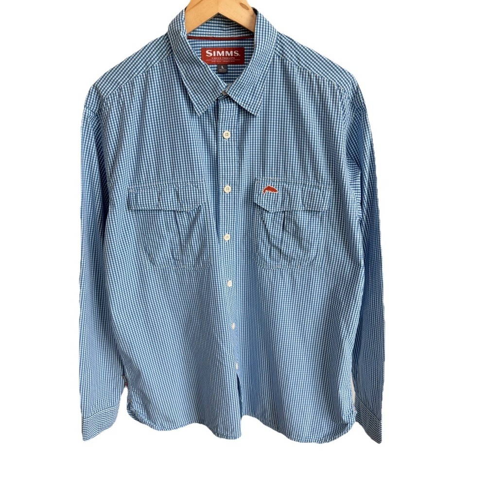 Simms Shirt Mens Large Blue Plaid Button Down Long Sleeve Hiking Fishing